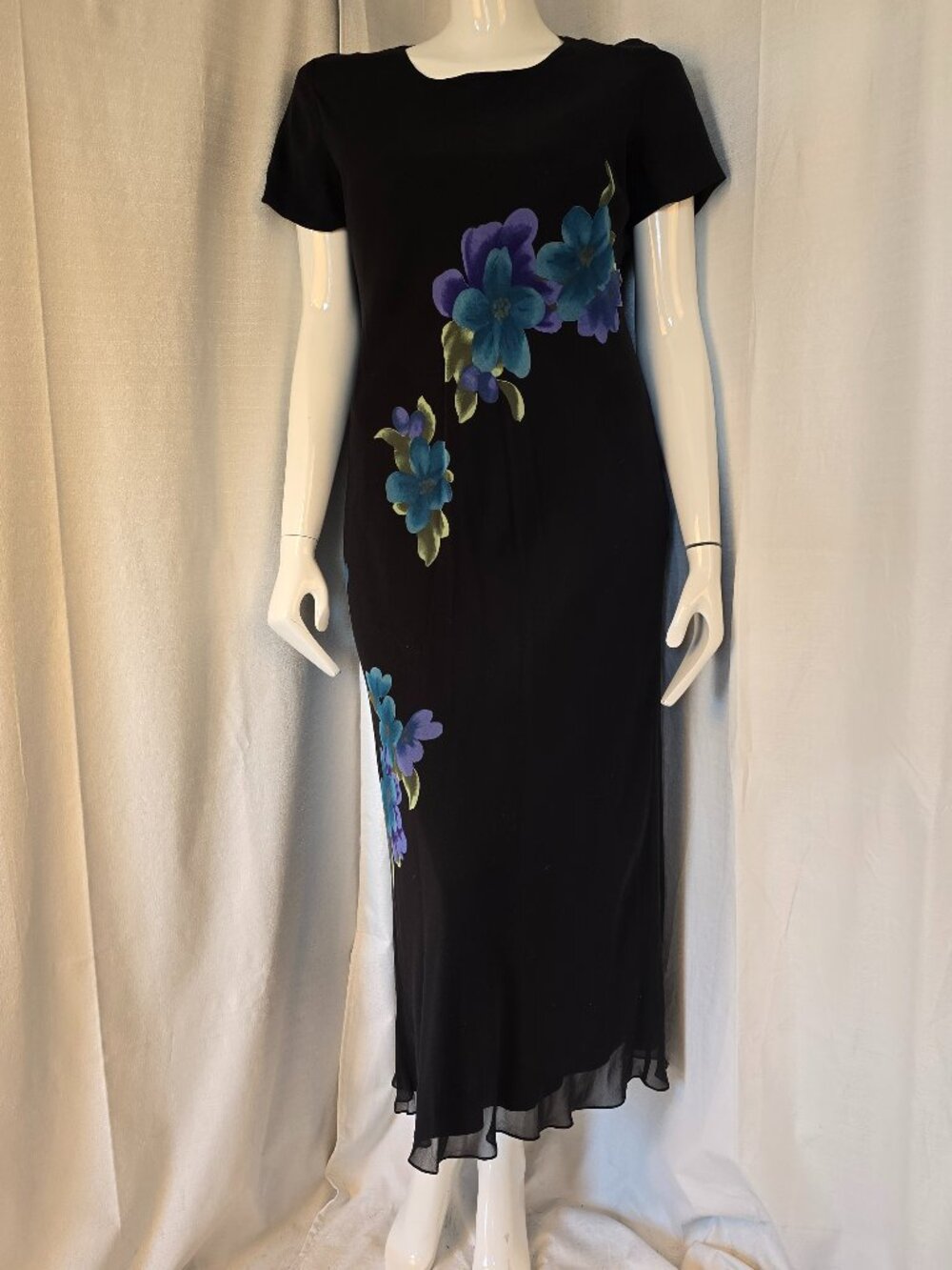 David Warren Black and Blue Short Sleeve 100% Silk Floral Summer Dress Size 16